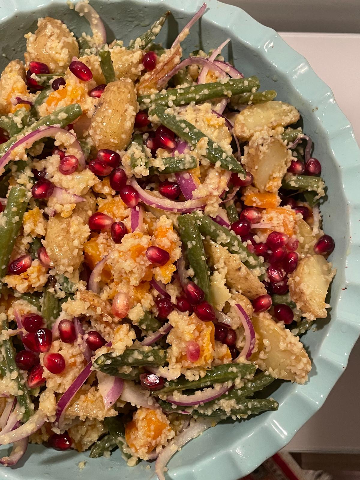 Roasted Potato Salad with Green Beans, Squash & Tahini Lemon Dressing